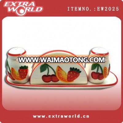 fruit painting ceramic salt pepper and napkin holder set